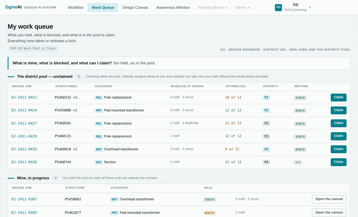DgineAI walkthrough: claiming a design job, the design agent reading the notification and GIS extract, the standards decision an engineer approves, and the district view of work in flight